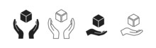 Take Care Icon Set. Box In Hand, Delivery Symbol. Vector EPS 10