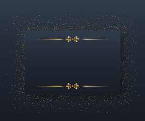 Wall Mural - Decorative rectangle gold frame with art deco element vector illustration. 3d realistic shiny bright golden border design for fashion greeting card, ornate unique framework with sparkles on black
