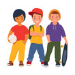 Three friends in cartoon style. Cute smiling boys in casual clothes with a ball and a skateboard.. Vector illustration