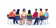© Alena - Group psychotherapy. Persons sitting in circle and talking. People meeting. Psychotherapy training, business lecture or conference. Man woman support group. Vector illustration.
