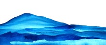Mountains, Hills Abstract Panorama. Blue, Grey Watercolor Wash. Modern Minimal Abstract Background. Landscape Painting.