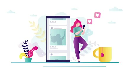 Wall Mural - female character scrolls tape on social networks. 4k footage. different posts in social media on cel