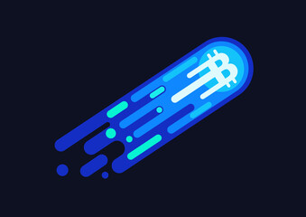 Poster - Bitcoin azure blue neon comet symbol flying in open space cartoon vector illustration.