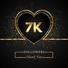 Thank you 7K or 7 thousand followers with heart and gold glitter isolated on black background. Greeting card template for social networks friends, and followers. Thank you, followers, achievement.