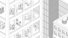 View Of The Office Building And The City. Isometric Cityscape, City View, City Skyline. Vector Illustration In Flat Design. Outlined, Linear Style, Line Art, Editable Stroke. People At Work. Business.