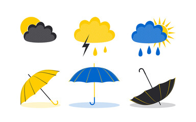 set of umbrellas and rainy weather clouds. rainy season symbols isolated on white background. vector