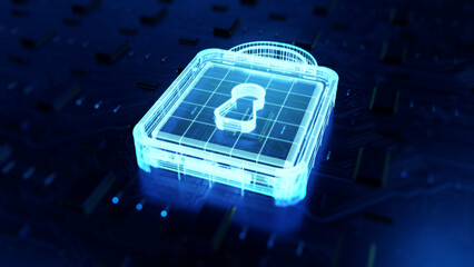 Aufkleber - Digital Lock Symbol. This image showcases a glowing digital lock symbol overlaid on a high-tech circuit board, representing cybersecurity and data protection in modern technology.