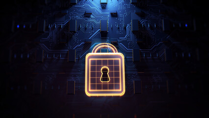 Aufkleber - Digital Lock Symbol. This image showcases a glowing digital lock symbol overlaid on a high-tech circuit board, representing cybersecurity and data protection in modern technology.