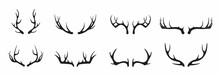 Deer Antlers Vector Set. Silhouette Of The Horns Of A Wild Elk, Roe Deer On A White Background.