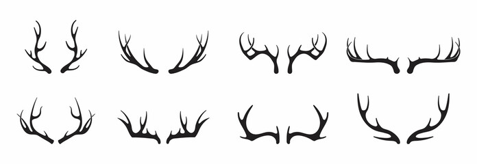 deer antlers vector set. silhouette of the horns of a wild elk, roe deer on a white background.