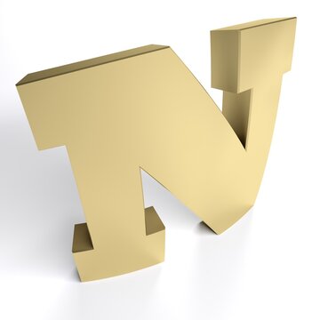 N brass letter isolated on white background - 3D rendering illustration