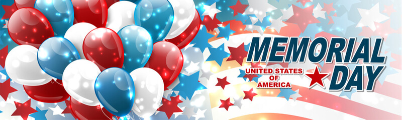 Wall Mural - memorial day banner or header. blue, red, and white usa national flag and balloons. vector illustrat