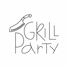 Wall Mural - Barbecue, grill tool with handwritten lettering sign outline set. Editable stroke. Vector stock illustration isolated on white background for design packaging, logo, menu in restaurant.