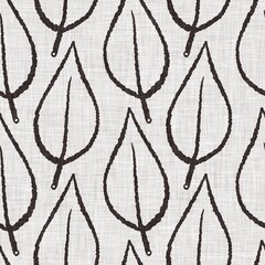 French grey botanical leaf linen seamless pattern with 2 tone country cottage style motif. Simple vintage rustic fabric textile effect. Primitive modern shabby chic kitchen cloth design.