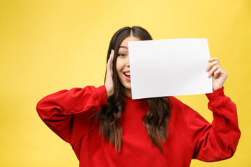 Wall Mural - girl holds a white sheet in hands, an office worker shows a blank sheet.