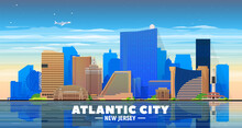 Atlantic City (New Jersey) Skyline At Sky Background. Flat Vector Illustration. Business Travel And Tourism Concept With Modern Buildings. Image For Banner Or Web Site.