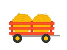 Bale Of Hay Icon. Colorful Sticker With Round Haystacks In Trailer For Transportation. Roll Pile Of Dry Straw. Agriculture Or Farming. Cartoon Flat Vector Illustration Isolated On White Background