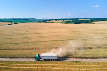 Wall Mural - Aerial view of cargo truck driving on dirt road between agricultural wheat fields making lot of dust. Transportation of grain after being harvested by combine harvester during harvesting season