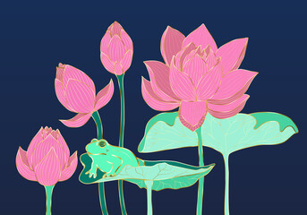 Lotus flowers and leaves composition. Jade frog is sitting on a lotus leaf. Richness and purity symbol. Beautiful artwork for interior design, wallparer, banner, background. Vector illustration. EPS10