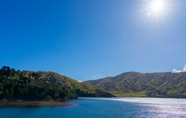 Canvas Print - Into sun the farming hills around a bay in Marlborough Sounds looks idyllic