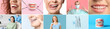 Set of women with dental braces, tooth bush and dentist with tools