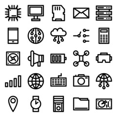 Poster - Set of 25 Device and technology web icons in line style. Industry 4.0 concept factory of the future. Collection Linear Icons of Technology. Vector illustration.