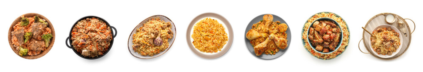 Set of tasty pilaf on white background, top view