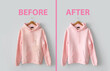 Modern hoodie before and after dry-cleaning on grey background