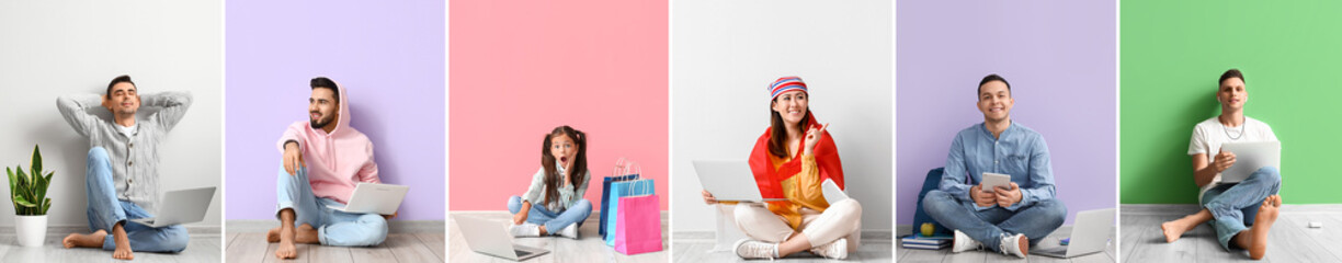 Poster - Set of people with laptops on colorful background