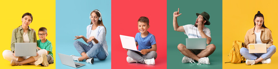 Set of people with laptops on colorful background