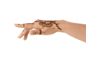 Wall Mural - Female hand with beautiful henna tattoo on white background, closeup