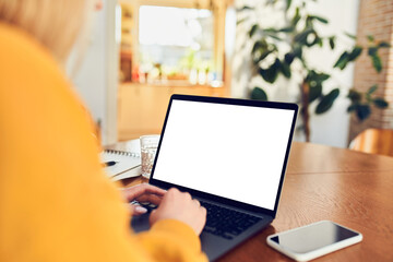 Closeup picture of woman using laptop with visible blank screen while working at home office