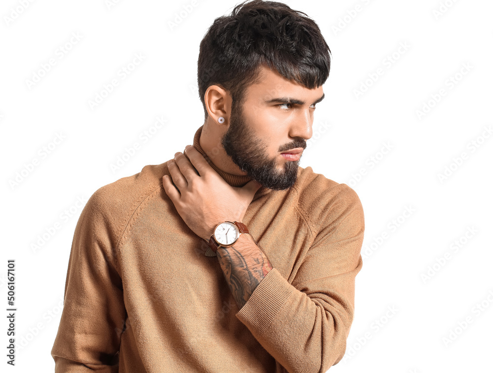 Bearded man with stylish wristwatch on white background