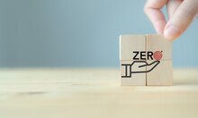 Zero Target Concept. Zero Of Accident,  Carbon Emissions, Waste, Net Zero. Business Goal And Target Achievement. Placed Wooden Cube With Zero Target, Achievement Icon On Smart Background.