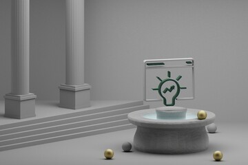 Poster - Beautiful abstract illustrations Bulb with arrow Up symbol icon on a fountain and column background. 3d rendering illustration. Seo And Business.