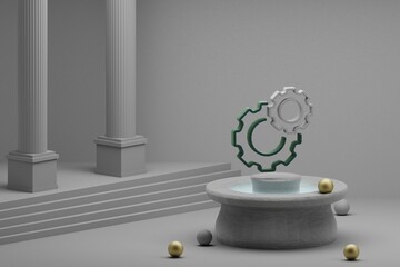 Poster - Beautiful abstract illustrations Manage gear symbol icon on a fountain and column background. 3d rendering illustration. Seo And Business.