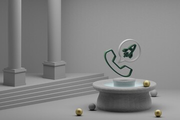 Poster - Beautiful abstract illustrations Phone with messenger rocket symbol icon on a fountain and column background. 3d rendering illustration. Seo And Business.