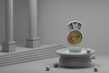 Aufkleber - Beautiful abstract illustrations Heart medal symbol icon on a fountain and column background. 3d rendering illustration