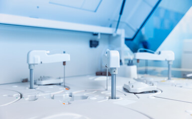 Wall Mural - blood test scientist working with auto robot laboratory medical equipment, biomedicine banner
