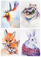 Watercolor Infantile Illustration Set Of Cute Forest Animals. 