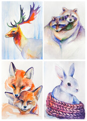 Watercolor infantile illustration set of cute forest animals. 