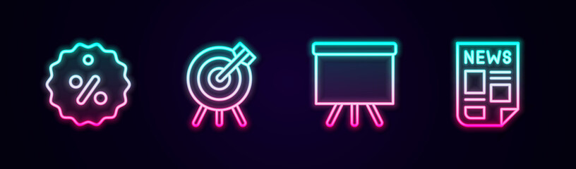 Sticker - Set line Discount percent tag, Target financial goal, Chalkboard and News. Glowing neon icon. Vector