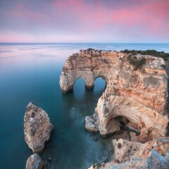 Wall Mural - Natural arch above ocean. Natural caves at Marinha beach,  Algarve, Lagoa portugal. Stone arch at beach.
Summer season.