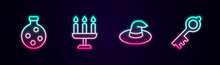 Set Line Bottle With Potion, Candlestick, Witch Hat And Old Magic Key. Glowing Neon Icon. Vector