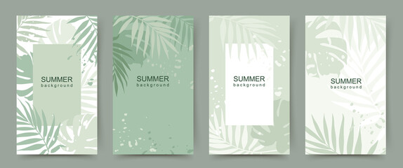 Wall Mural - Summer green background with tropical palm leaves. Abstract banner with jungle  theme. Set of backgrounds for social media post, sale, flyer, postcard, poster