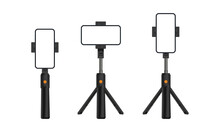 Tripod Stand And Monopod With Smartphone Vertical, Horizontal Screen, Isolated On White Background. Vector Illustration