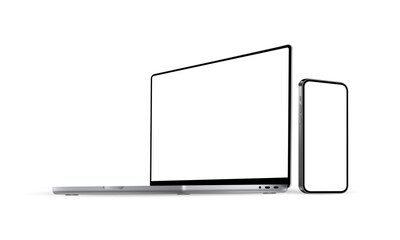 Fototapete - Laptop and Smartphone Mockup With Perspective Side View, Isolated on White Background. Vector illustration