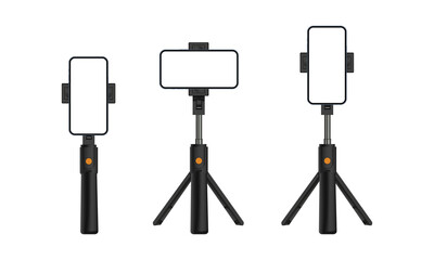 Poster - Tripod Stand and Monopod With Smartphone Vertical, Horizontal Screen, Isolated On White Background. Vector Illustration