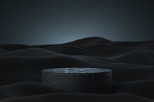 Black Sand Stone Natural Podium Stand 3d Background With Abstract Product Stage Beach Platform Scene Or Empty Rock Pedestal Cosmetic Display And Marble Sandstone Presentation Mockup On Dark Backdrop.