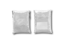 Empty Blank White Plastic Parcel Bag Isolated On A Grey Background. Shipping Plastic Bag Postal Package. Postal Package. 3d Rendering. Front And Back View.